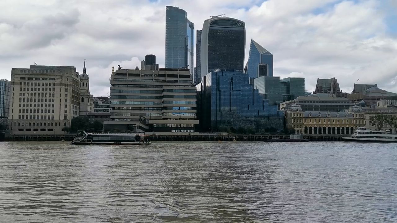 City buildings across the Thames under a pale sky, with trees on the near bank